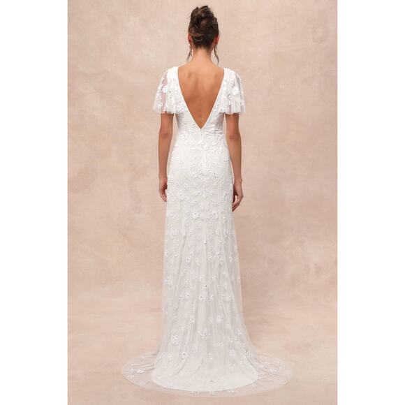 NWT Lulus Safiya White Sequin Flutter Sleeve Maxi Dress Wedding Bridal Bride S - Picture 5 of 14